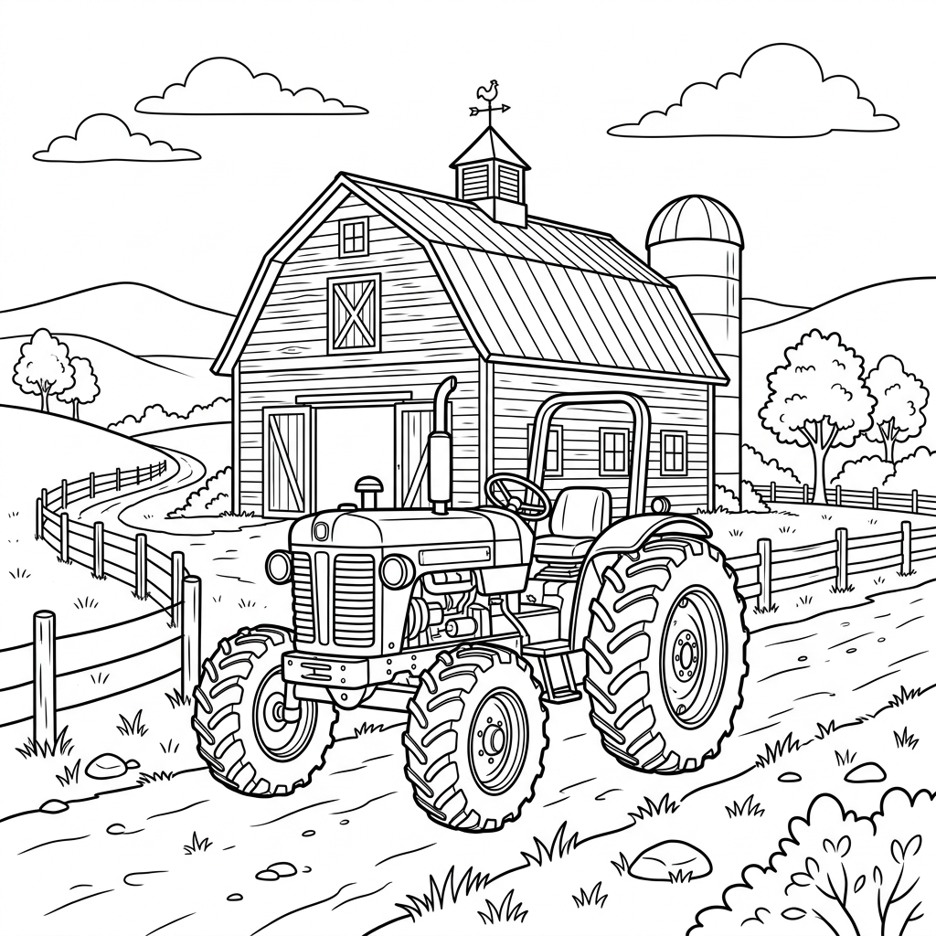 Farm Tractor in Front of Barn Coloring Page