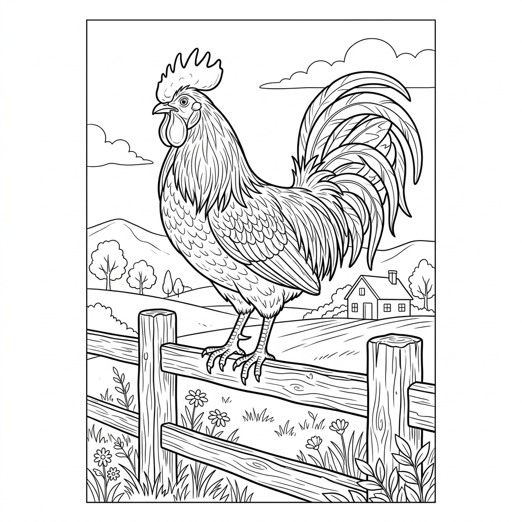 Rooster Perched on Fence Coloring Page