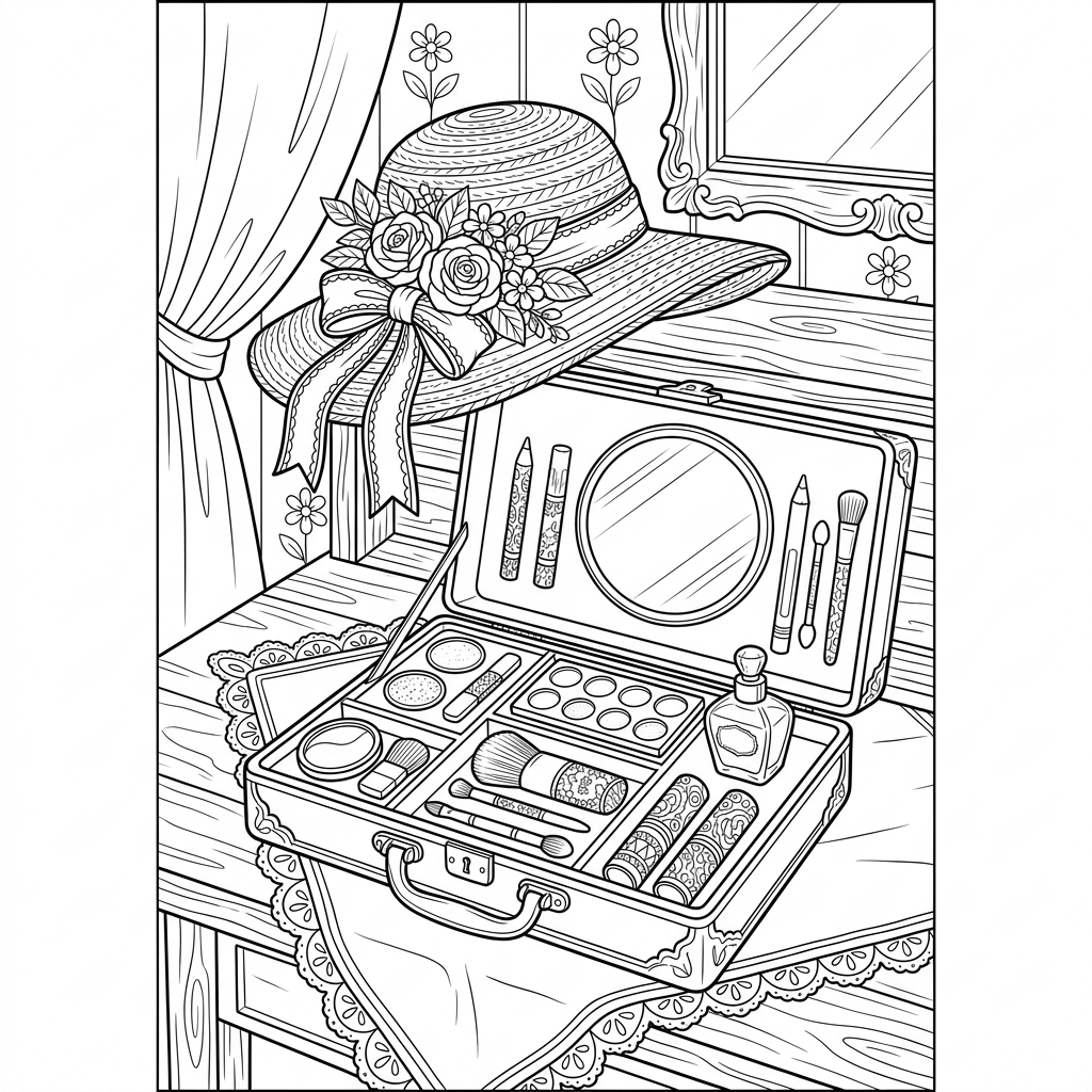 Vintage Hat and Makeup Kit Coloring Page