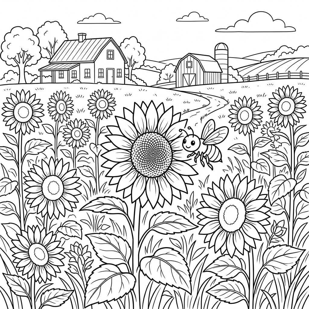 Sunflower Field and Honeybee Coloring Page