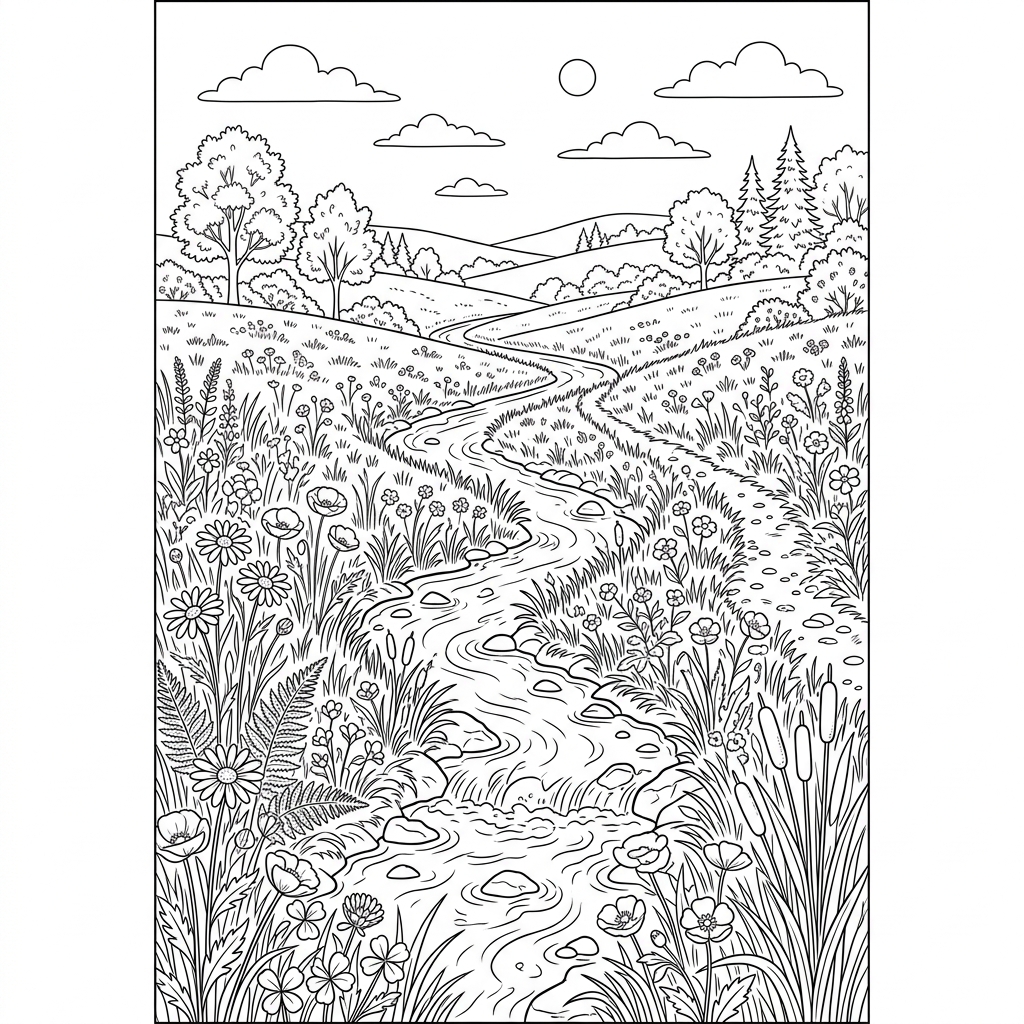 Wildflower Meadow Stream Coloring Page