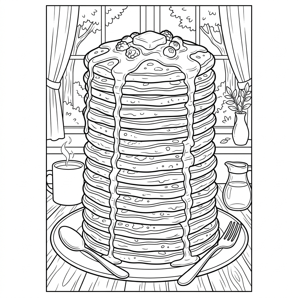 Tall Pancake Stack with Syrup Coloring Page
