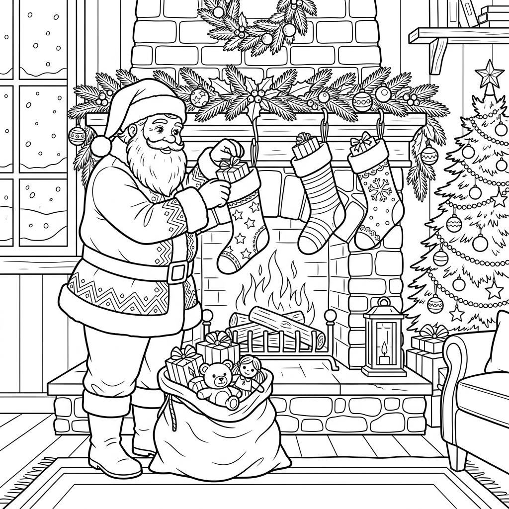 Santa Filling Stockings Coloring Page