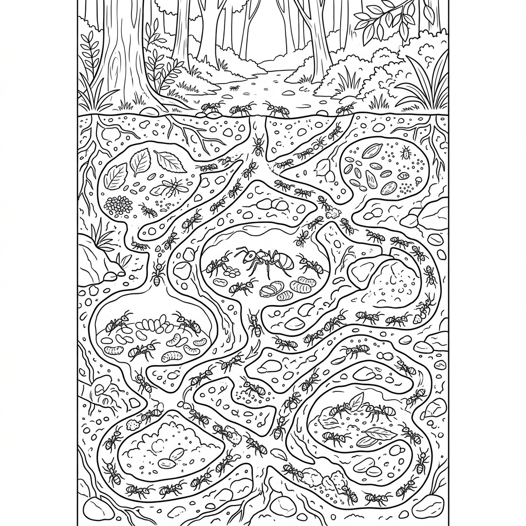 Busy Ant Colony Tunnels Coloring Page