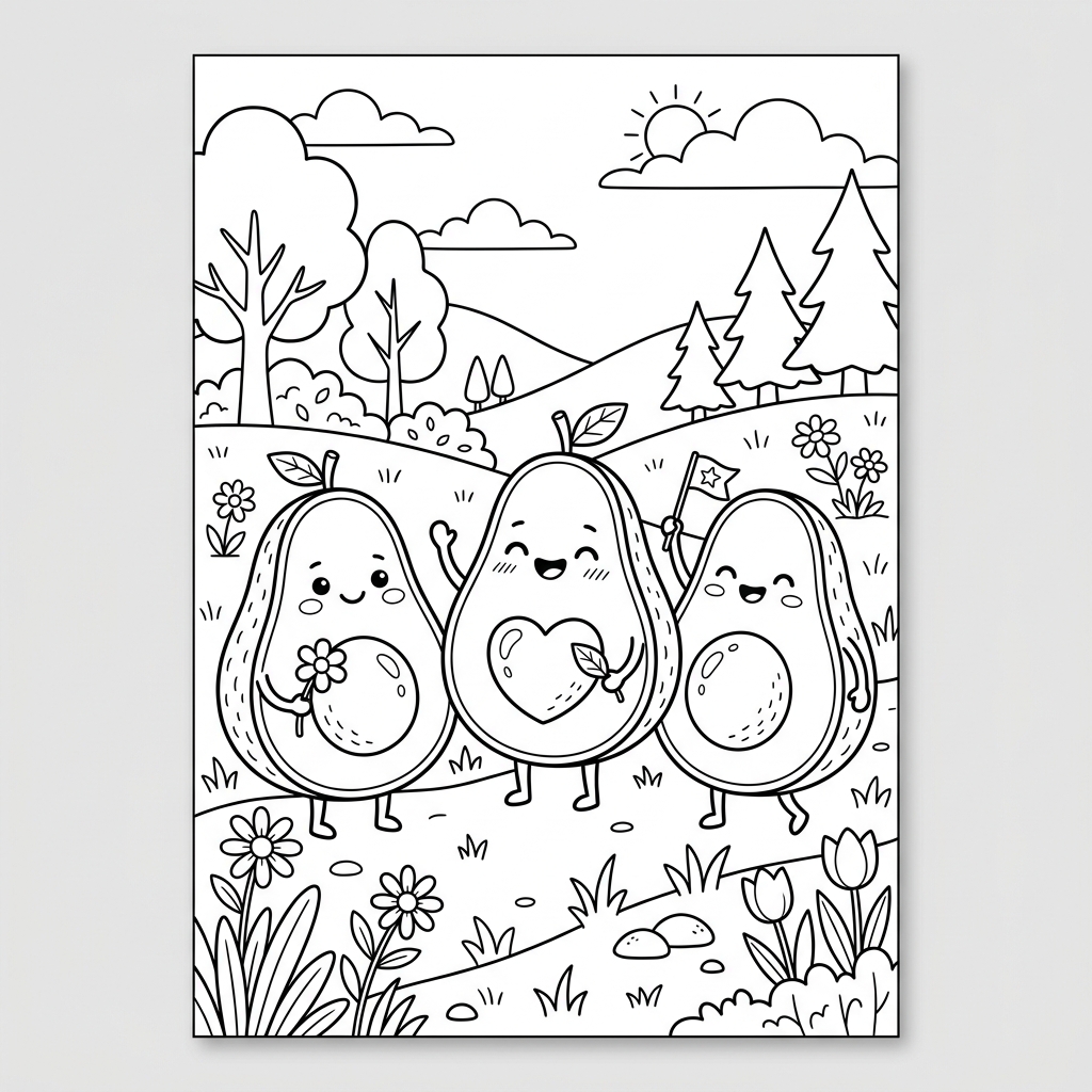 Cute Kawaii Avocado Friends Coloring Page