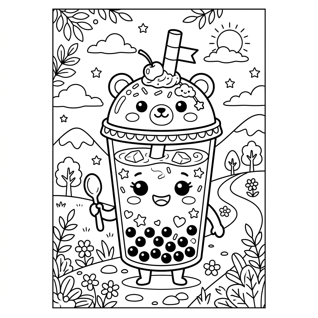 Kawaii Boba Tea Cup Coloring Page