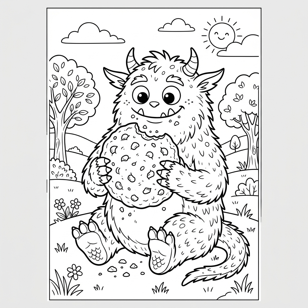 Monster Eating Large Cookie Coloring Page