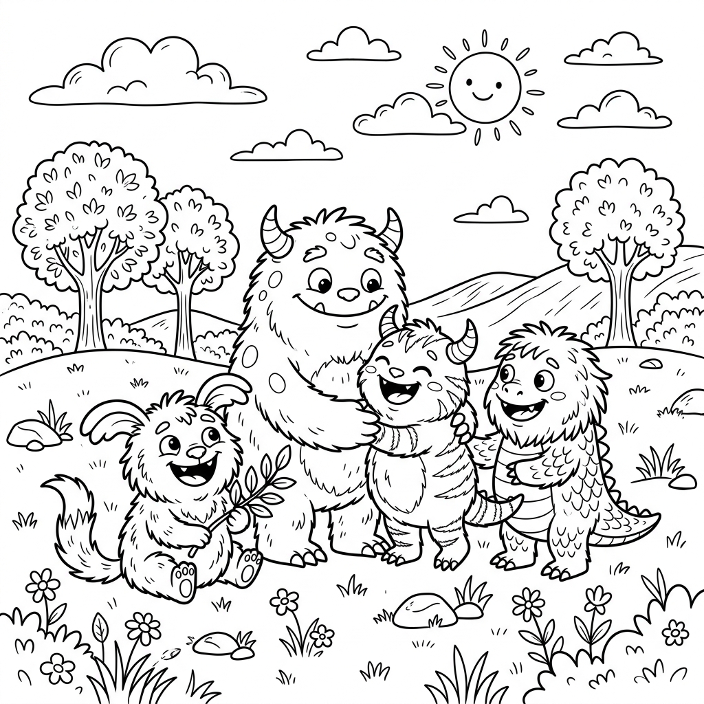 Playful Furry Monster Friends Coloring Page