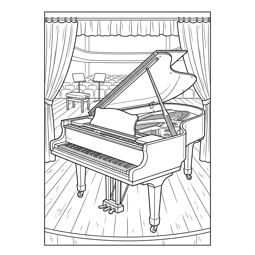 Grand Piano on Concert Stage Coloring Page