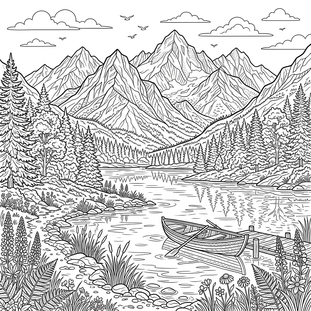 Serene Mountain Lake Landscape Coloring Page