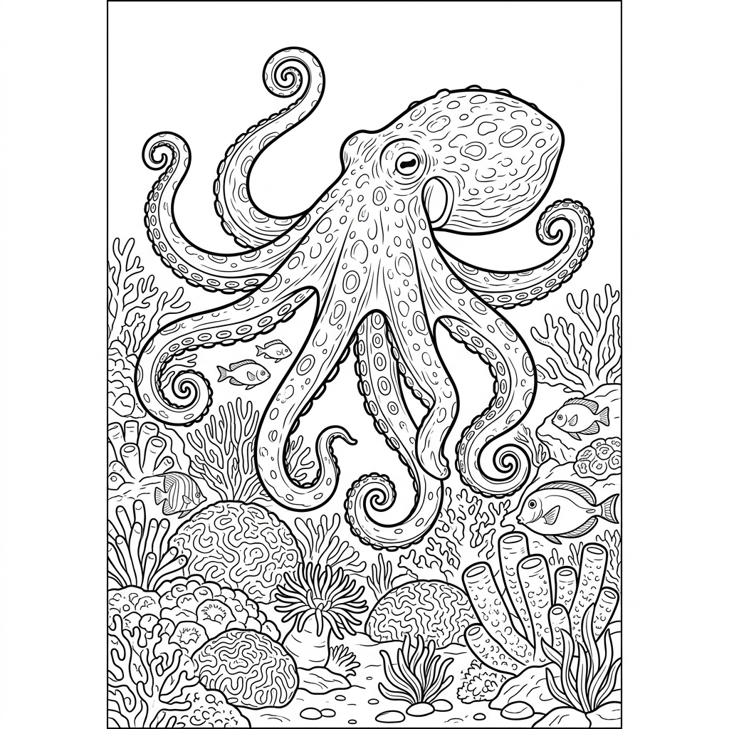 Coral Reef Octopus Coloring Page