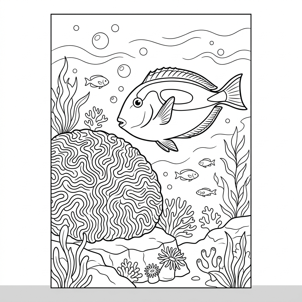 Blue Tang swimming near Brain Coral Coloring Page