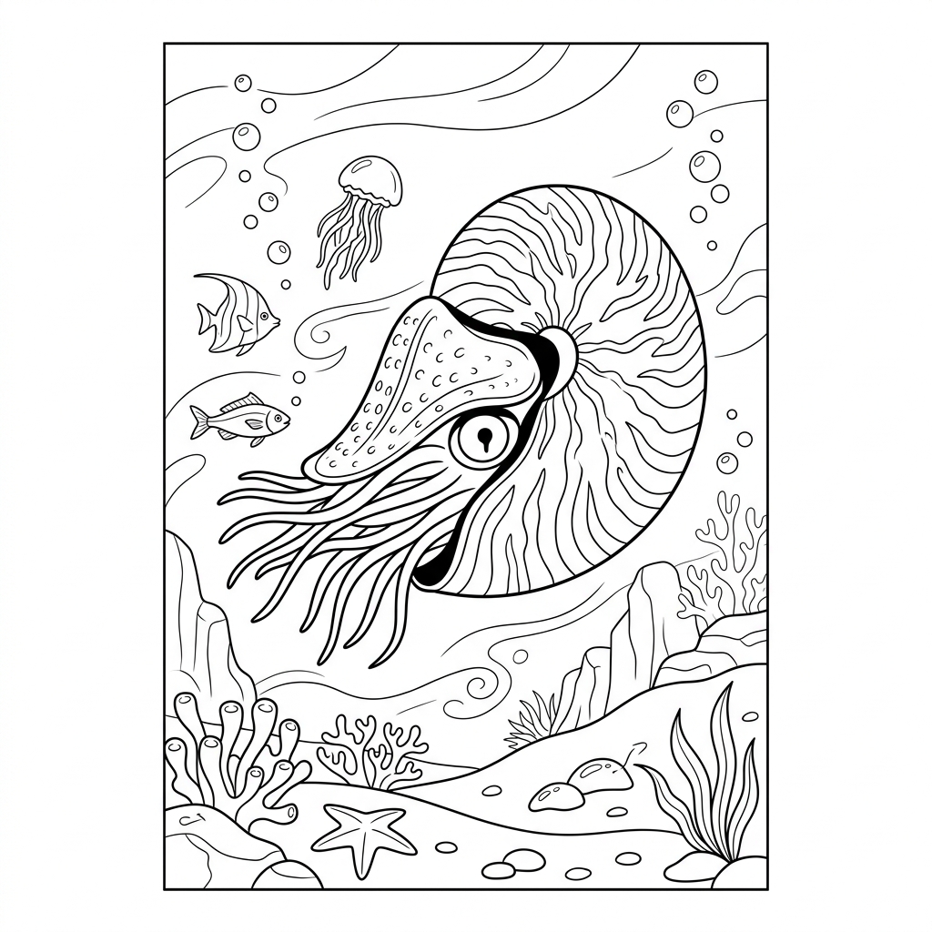 Chambered Nautilus swimming in Deep Ocean Coloring Page