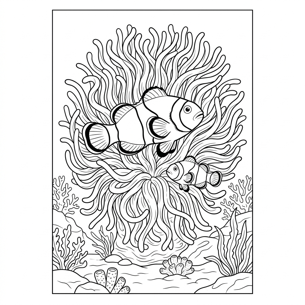 Clownfish in Sea Anemone Coloring Page