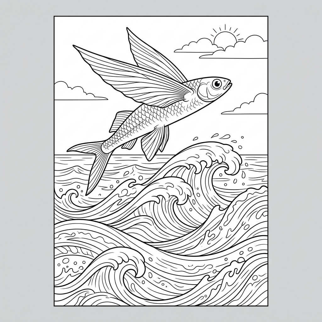 Flying Fish gliding over Ocean Waves Coloring Page