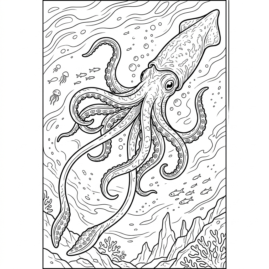 Giant Squid in Ocean Depth Coloring Page