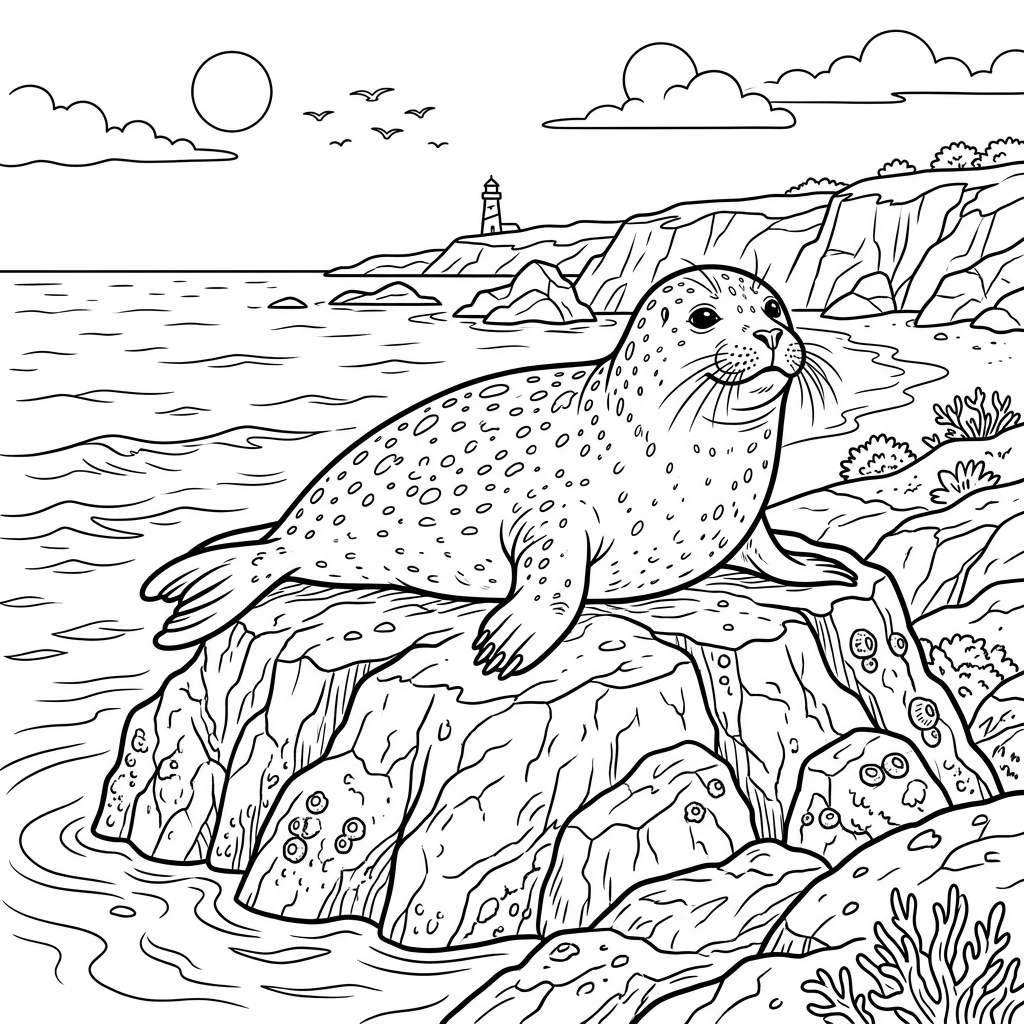Harbor Seal basking on Rock Coloring Page
