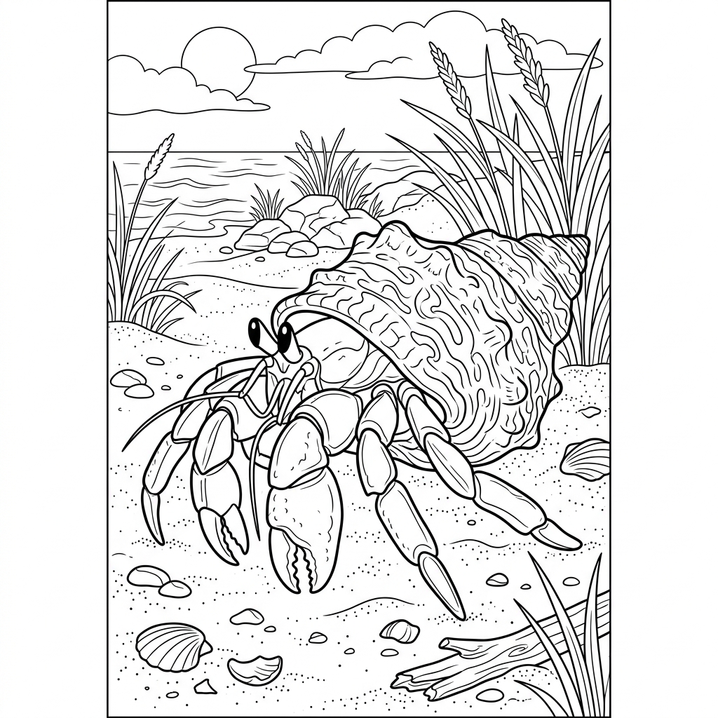 Hermit Crab with Seashell Coloring Page
