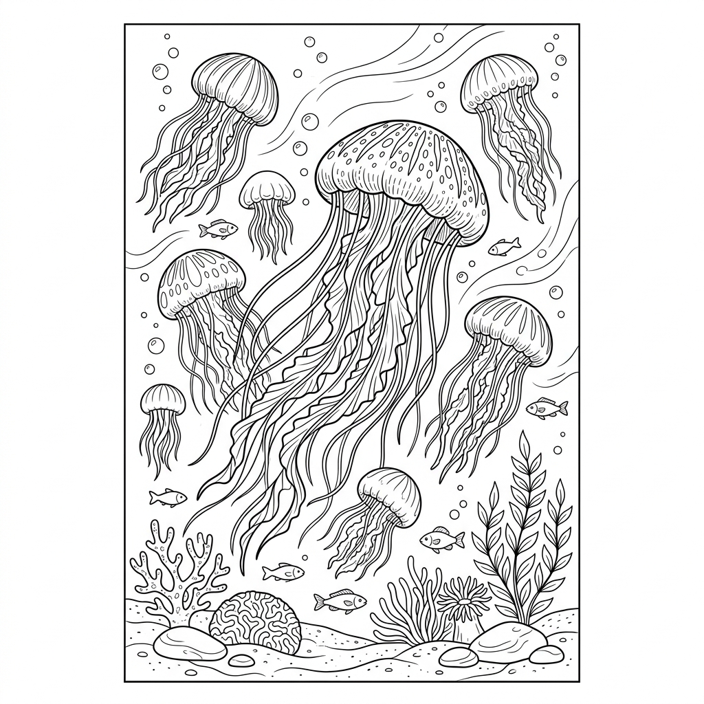 Jellyfish in Deep Sea Coloring Page