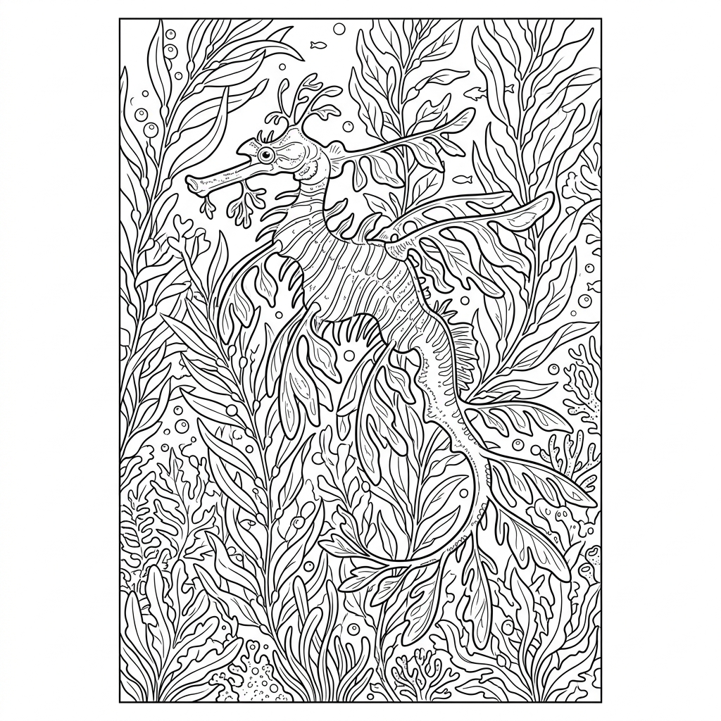 Leafy Seadragon camouflaged in Seaweed Coloring Page