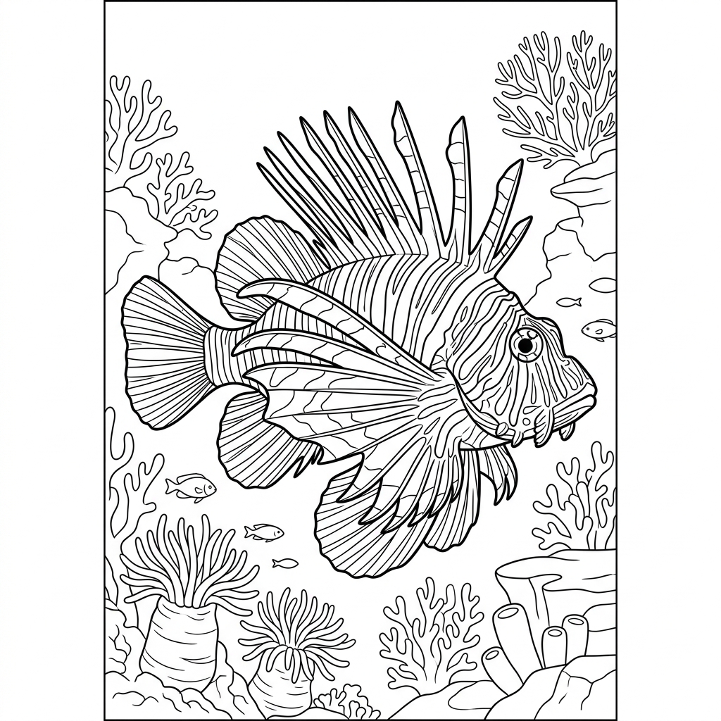Lionfish displaying striped Fins Coloring Page