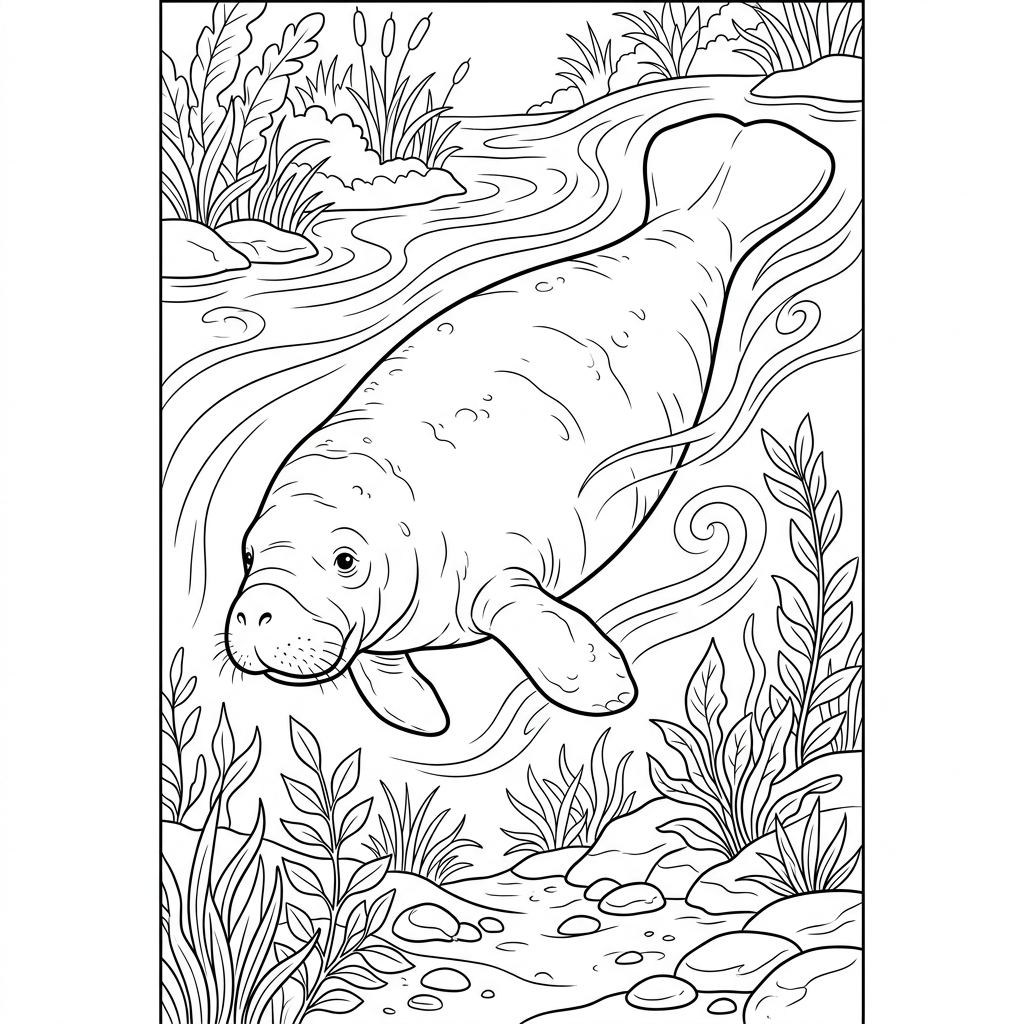 Manatee swimming in Warm River Coloring Page