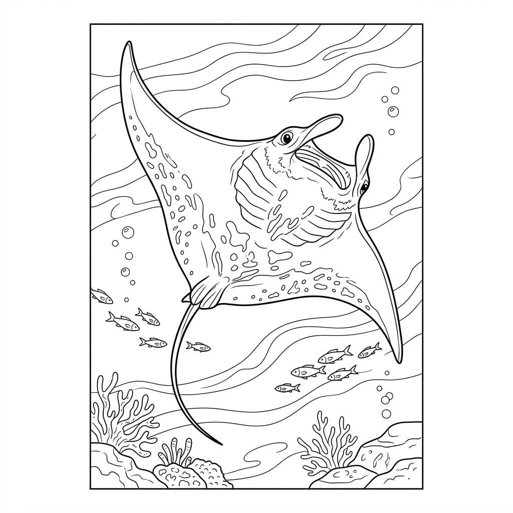 Manta Ray Swimming in Open Ocean Coloring Page