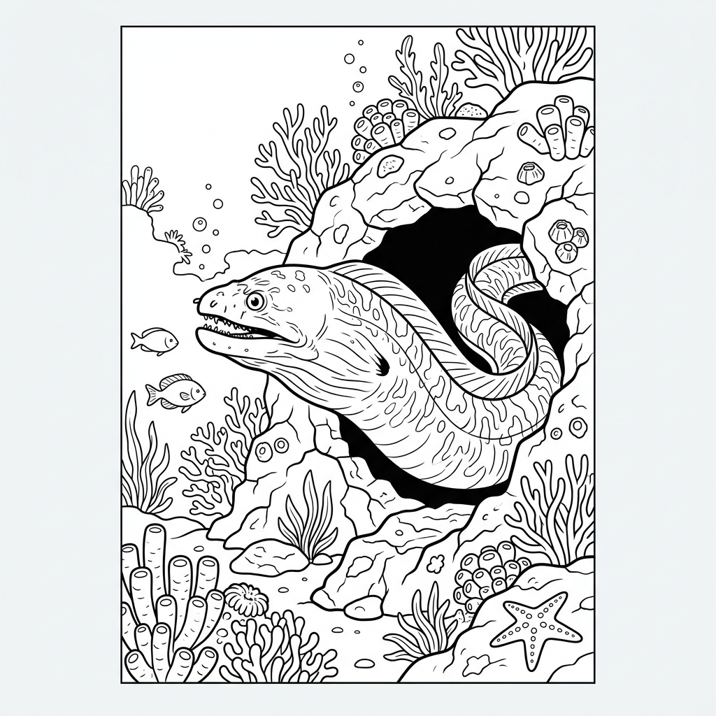 Moray Eel peeking from Cave Coloring Page