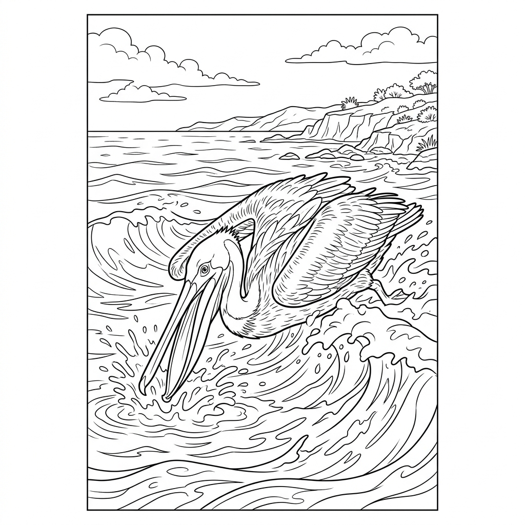 Pelican hunting at Ocean Surface Coloring Page