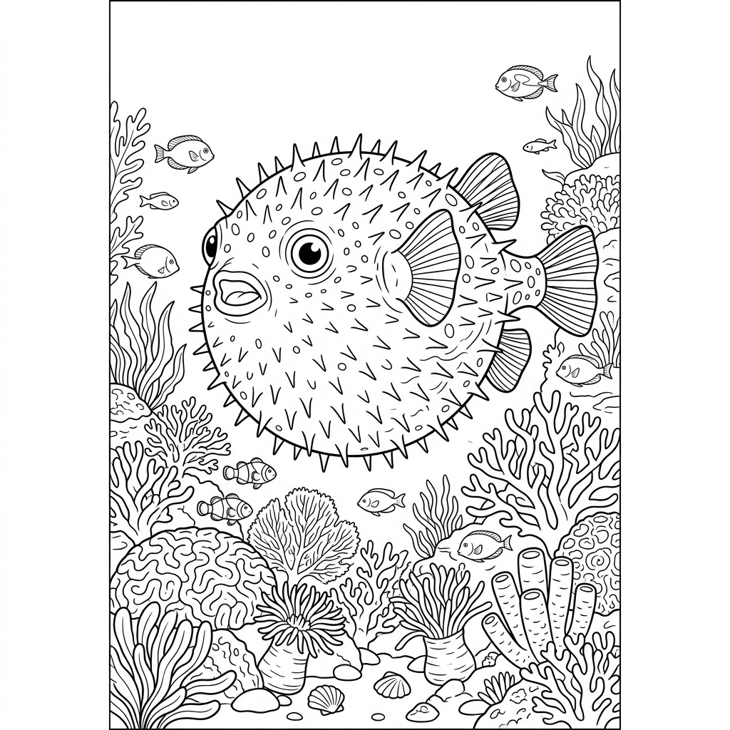 Pufferfish inflating near Reef Coloring Page