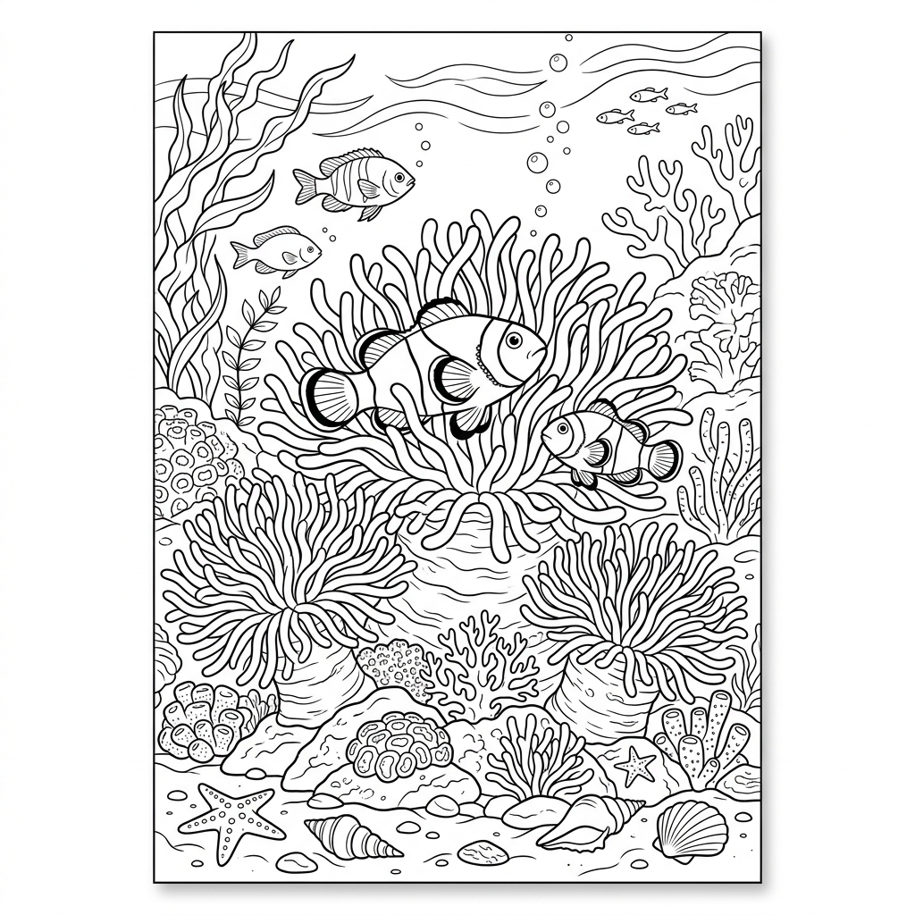 Sea Anemone Garden with Clownfish Coloring Page