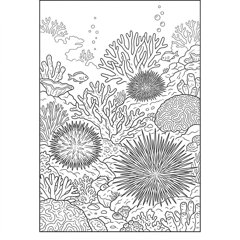 Sea Urchins on Rocky Coral Reef Coloring Page