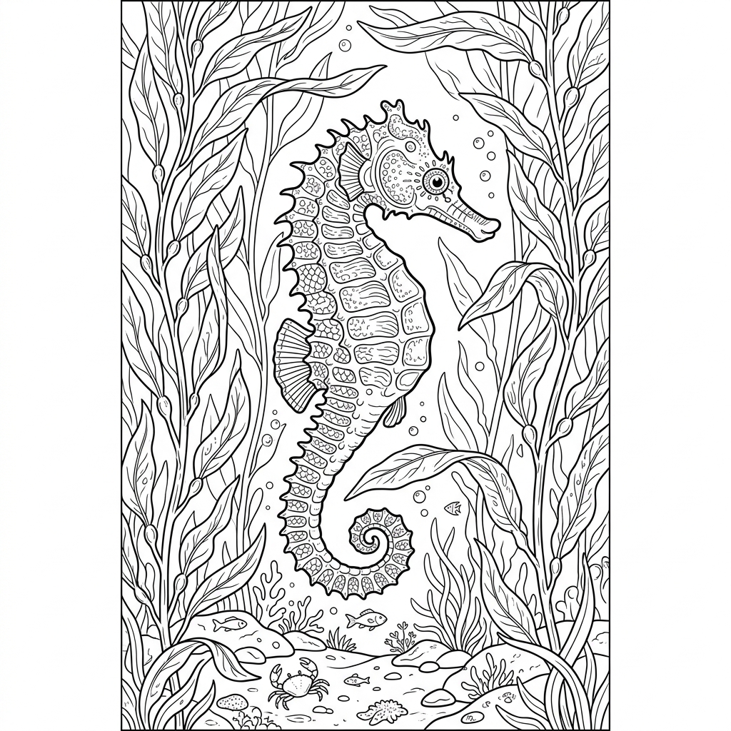 Seahorse in Kelp Forest Coloring Page