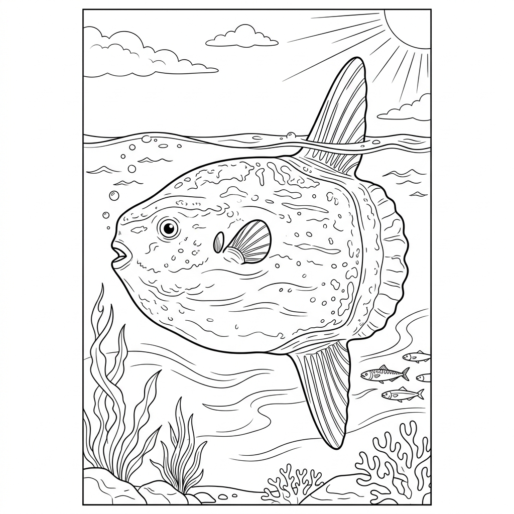 Giant Ocean Sunfish basking near Surface Coloring Page