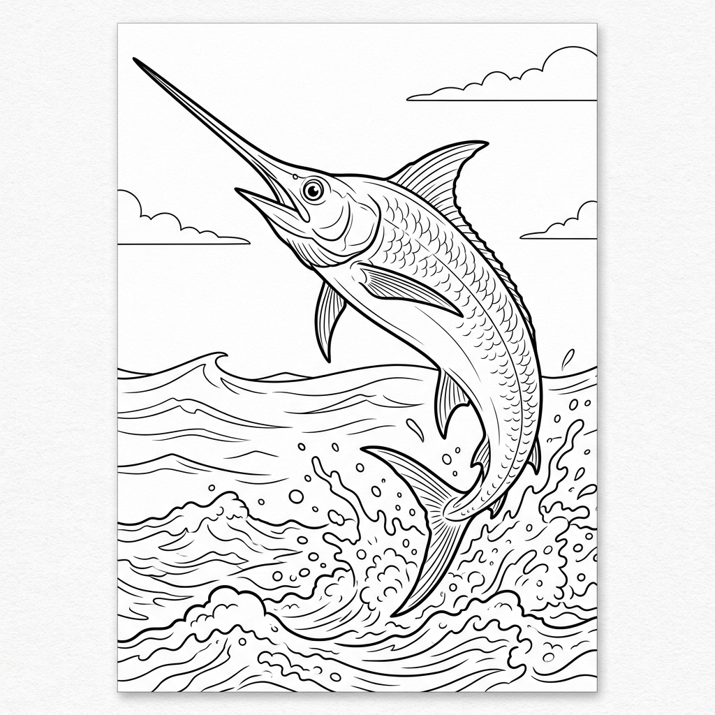 Swordfish leaping out of Water Coloring Page