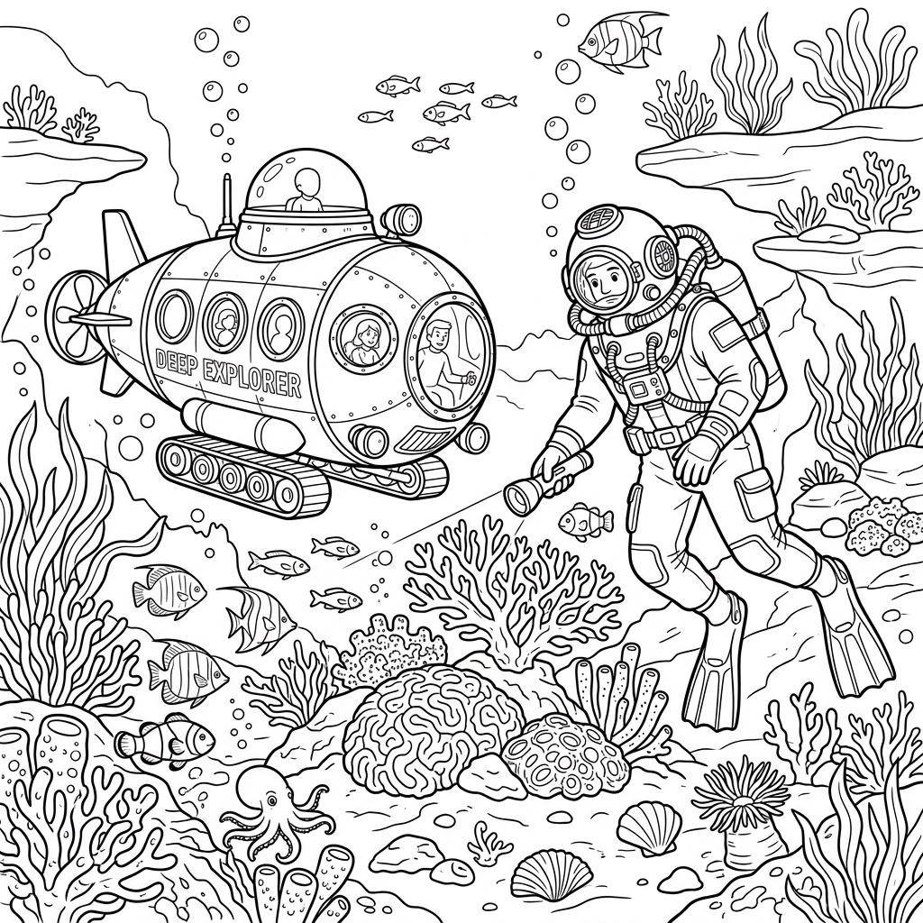 Deep Sea Diver and Submarine Coloring Page
