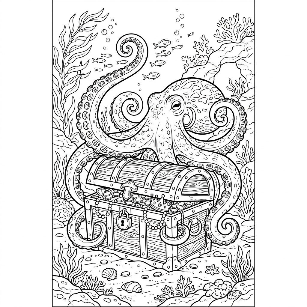 Octopus Guarding Treasure Chest Coloring Page