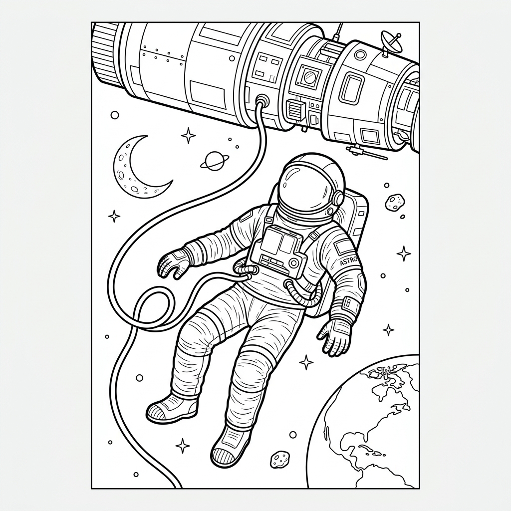 Astronaut Floating with Tether Coloring Page