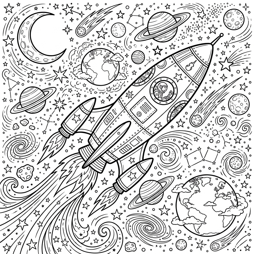 Cosmic Rocket Ship Coloring Page