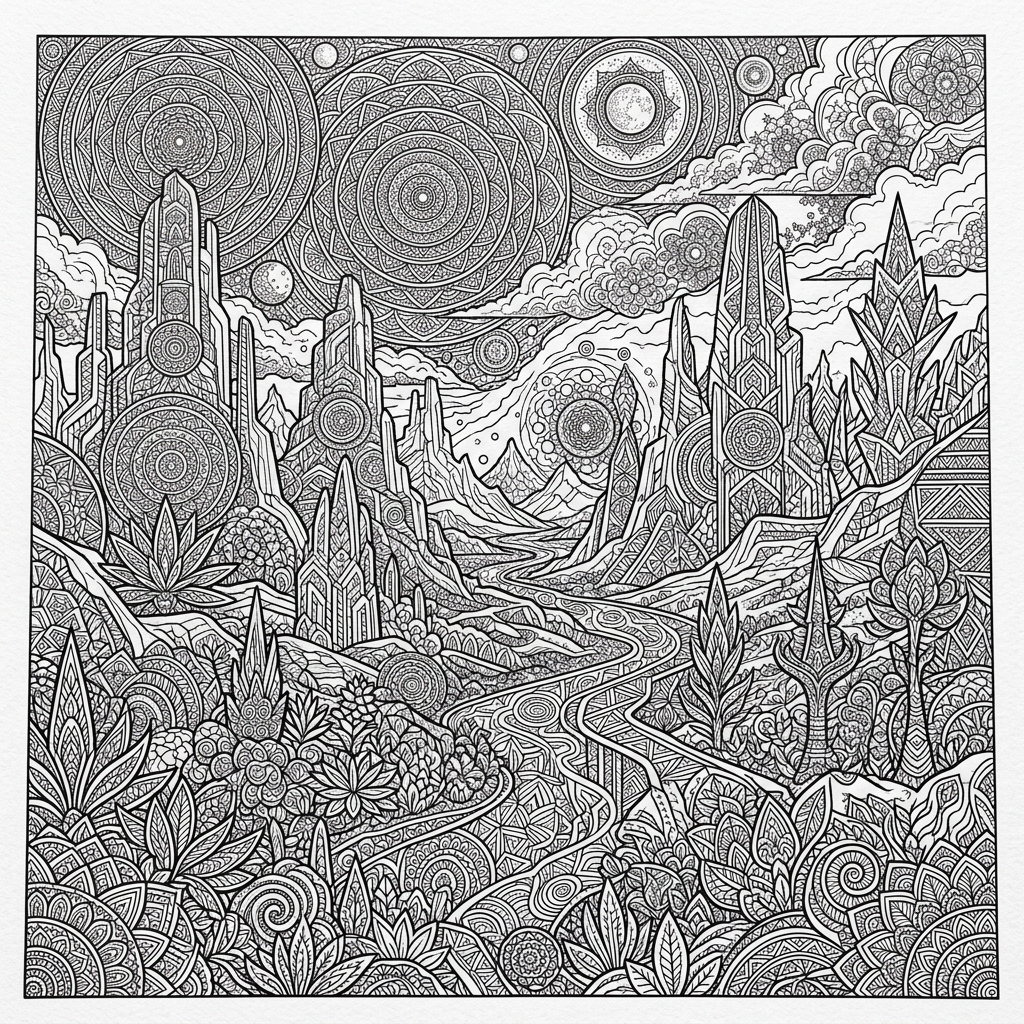 Detailed Alien Landscape Coloring Page