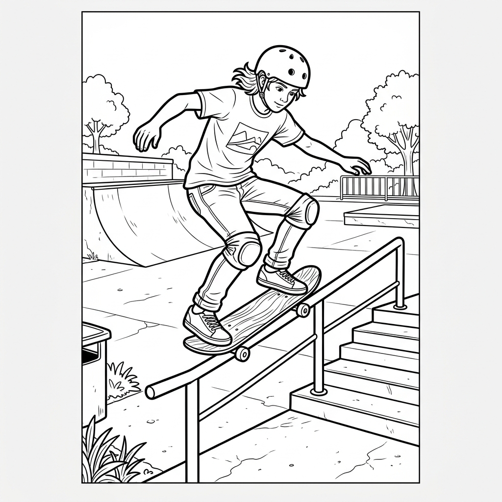 Skateboarder Riding Railing Coloring Page