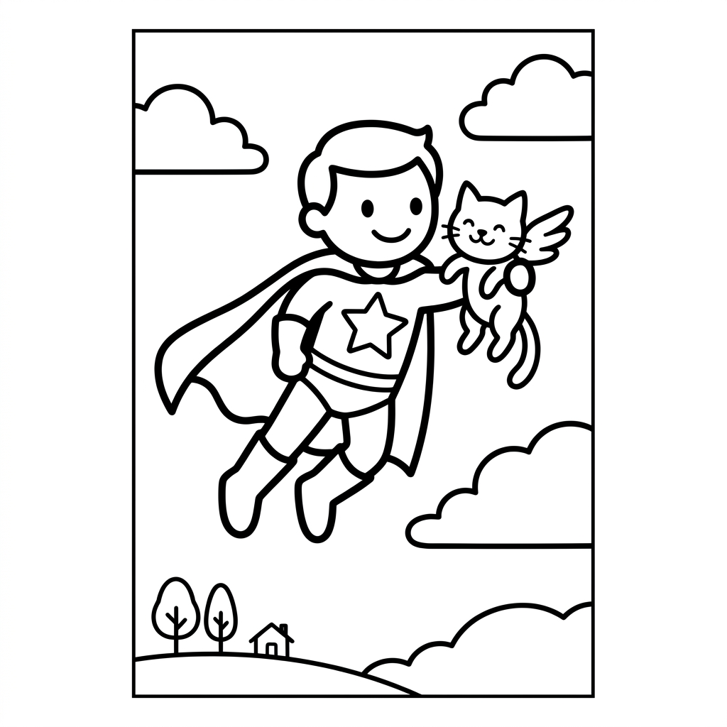 Cute Hero Saving Flying Cat Coloring Page