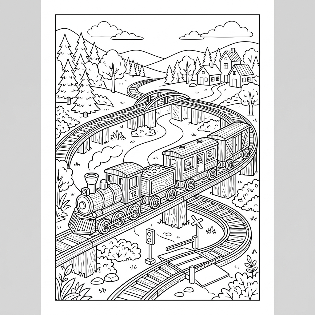 Detailed Wooden Train Set Coloring Page