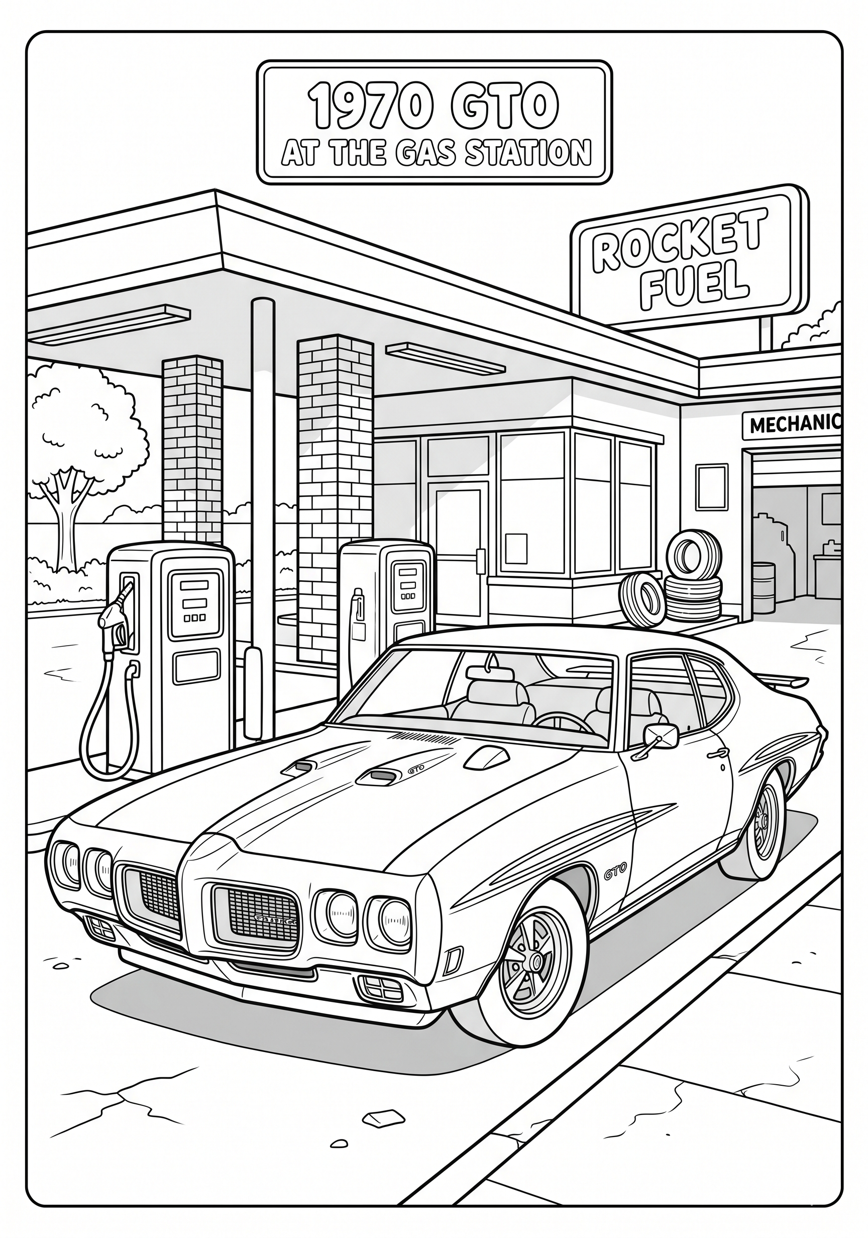 1970 GTO at the Gas Station Coloring Page