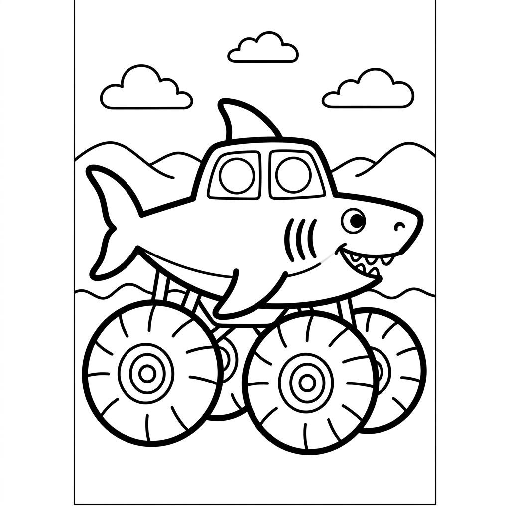 Easy Shark Design Monster Truck Coloring Page