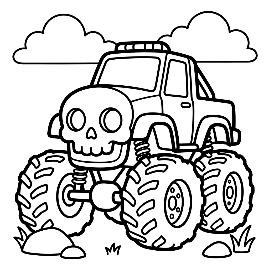 Easy Skull Theme Monster Truck Coloring Page
