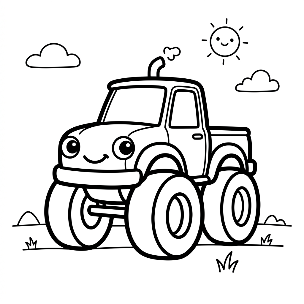 Easy Smiling Cartoon Monster Truck Coloring Page