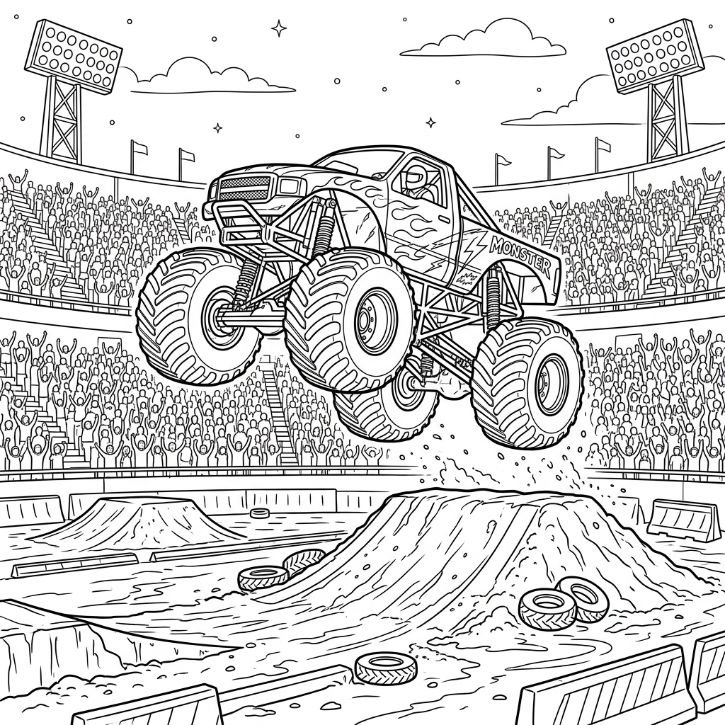 Arena Monster Truck Jump Show Coloring Page