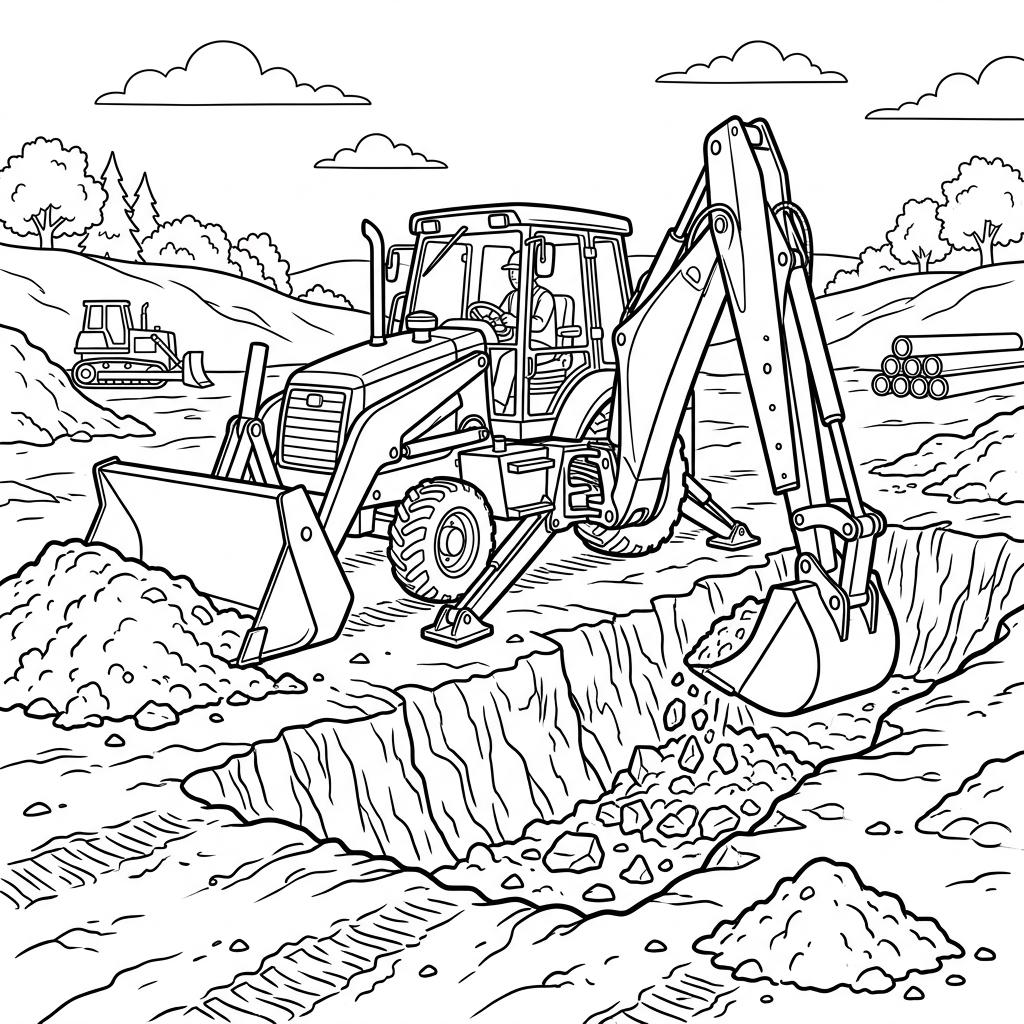 Backhoe Loader Digging Ditch Coloring Page