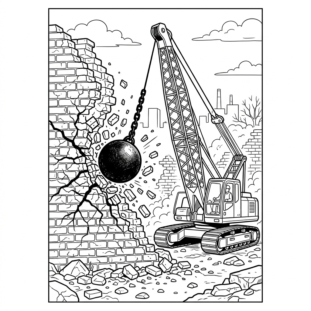 Demolition Crane with Wrecking Ball Coloring Page